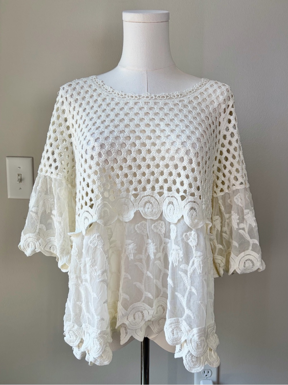 Day Trip Mixed Media Crochet Lace Layered Short Sleeve Blouse Boho Chic Fairy